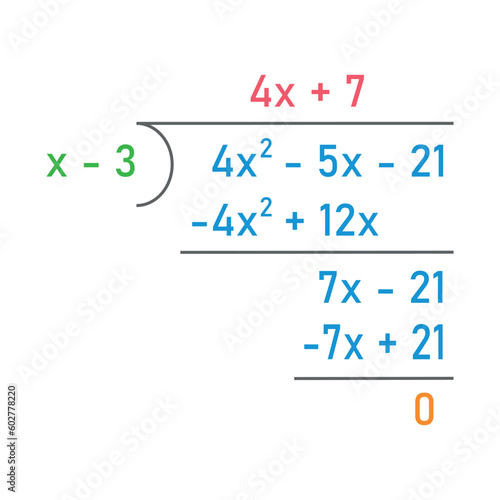 Dividing polynomial expressions in mathematics. Long division of polynomials. Math resources for teachers. Division, quotient, dividend and remainder.