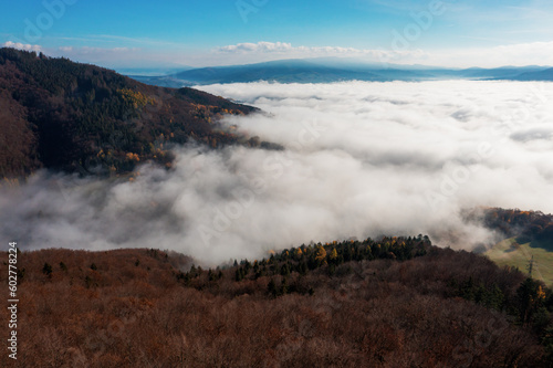 Aerial Drone Shot  Sightseeing Tower in Brezno  Autumn Scenery with Misty Morning and Cloud Inversion in Horehronie Region