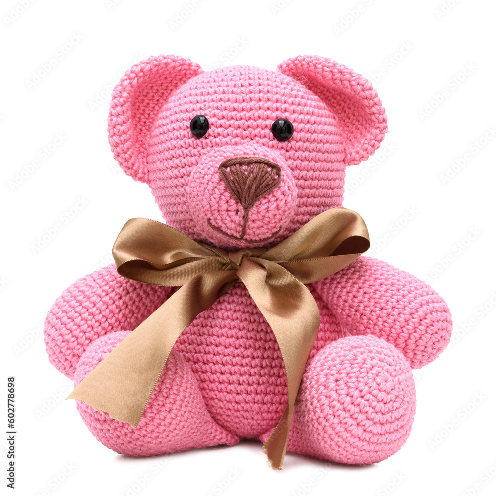 Urso Rosa Foto de Urso rosa em pelúcia com uma fita marrom no pescoço, feito na ...