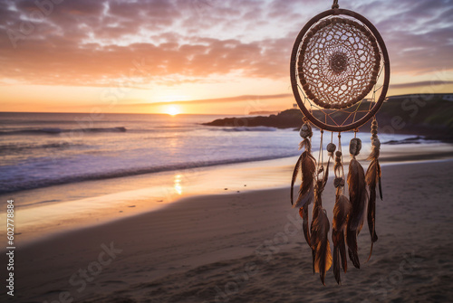 Boho dream catchers hanging on beach at sunset. Generative AI photo