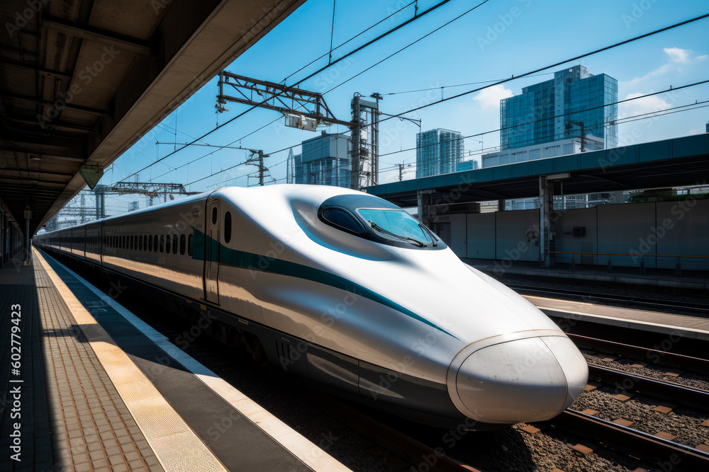 Fototapeta premium Shinkansen bullet train at a station, generative AI
