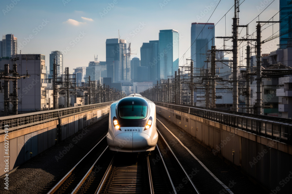 Fototapeta premium Shinkansen bullet train, view from the front, with city skyline in the background, generative AI