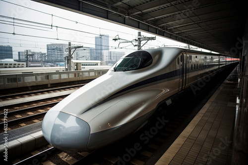 Shinkansen bullet train at a station, generative AI