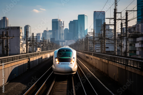 Shinkansen bullet train, view from the front, with city skyline in the background, generative AI