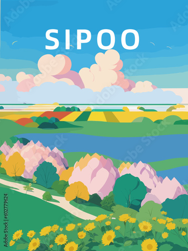 Sipoo: Retro tourism poster with an Finnish landscape and the headline Sipoo in Uusimaa