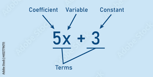 Algebraic expressions parts in mathematics. Coefficient, variable, constant and terms. Parts of an expression. Math resources for teachers.