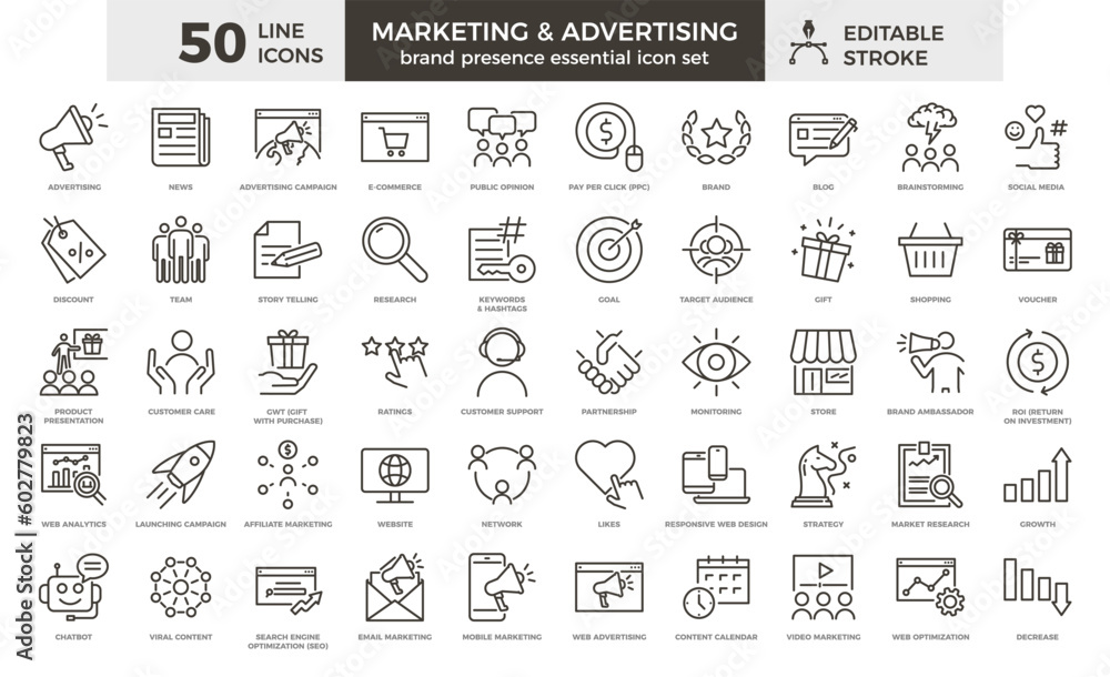 Obraz Marketing and advertising line icon set. 50 editable stroke vector graphic elements, Essential brand presence toolkit fototapeta, plakat