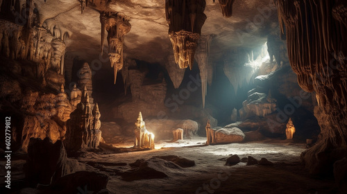 A mesmerizing underground chamber with delicate stalactites and shimmering pools Generative AI