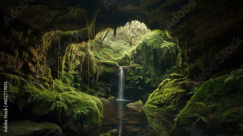 A majestic waterfall cascading into a moss-covered grotto Generative AI