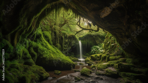 A majestic waterfall cascading into a moss-covered grotto Generative AI photo