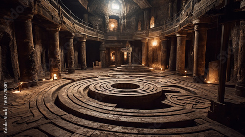 A sprawling underground labyrinth with winding paths and mysterious doorways Generative AI