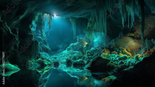 A breathtaking cavern illuminated by bioluminescent creatures Generative AI