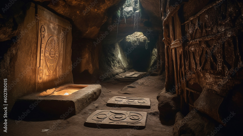Naklejka premium A mysterious underground passage leading to a hidden cave adorned with ancient symbols Generative AI