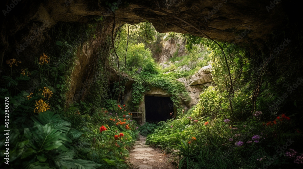 A majestic cave entrance framed by lush greenery and vibrant flowers Generative AI