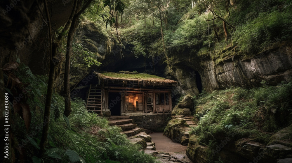 A secret grotto nestled within towering cliffs and surrounded by ancient trees Generative AI A secret grotto nestled within towering cliffs and surrounded by ancient trees Generative AI