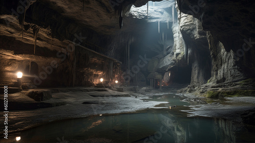 A vast underground chamber with intricate rock formations and a subterranean river Generative AI