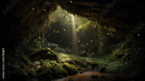 An enchanted cave illuminated by the soft glow of fireflies Generative AI
