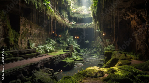 A vast underground chamber with a cascading waterfall and lush vegetation Generative AI