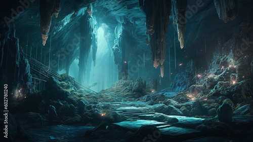 An ethereal underground world with glowing crystals and mystical creatures Generative AI © Наталья Евтехова