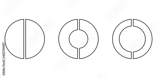 Set of two parts of circle. Pie chart with two same size sectors. Vector illustration isolated on white background.