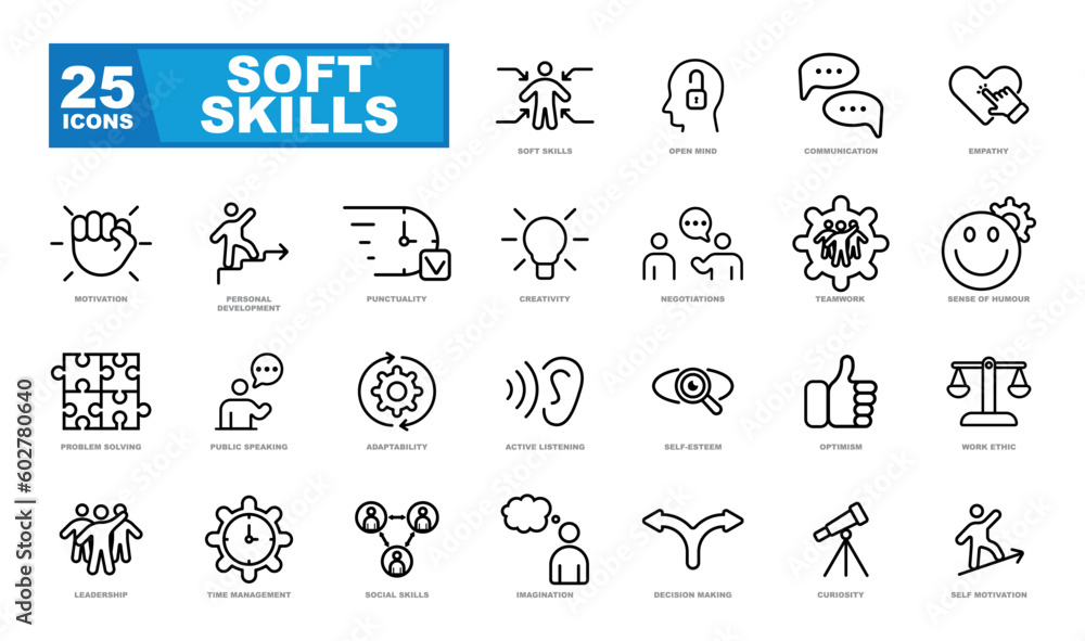 A set of soft skills icons, representing various essential qualities and attributes for personal and professional success. These icons encompass communication, teamwork, leadership, adaptability, prob A set of soft skills icons, representing various essential qualities and attributes for personal and professional success. These icons encompass communication, teamwork, leadership, adaptability, prob