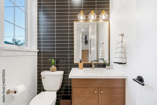 Canvastavla Modern bathroom with black subway tiles running parallel  along the back side of