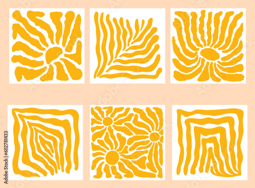 Matisse curves aesthetic. Groovy abstract patterns set. Floral doodles, botanical art. Fashionable organic floral style of naive retro hippies of the 60-70s. Vector background pink blue orange