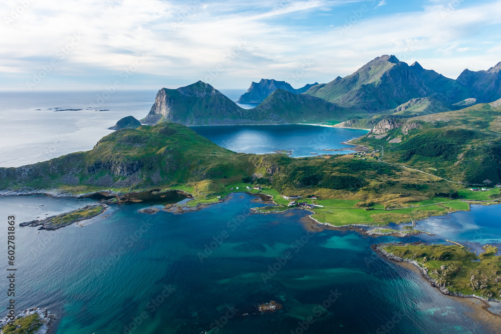 Beautiful landscape of the Lofoten Islands at sunset from Offersoykammen trail,  Norway