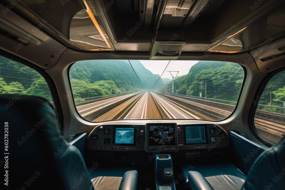 View from a cab of shinkansen bullet train, generative AI View from a cab of shinkansen bullet train, generative AI