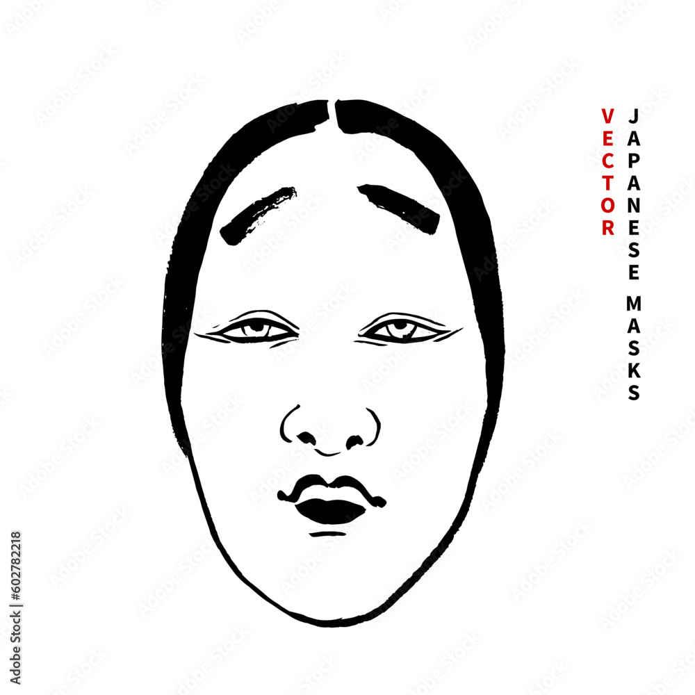 Vector image of a traditional Japanese mask. Beautiful girl. Theater Noh. Drawing with ink and brush, doodle, sketch, black on white, graphics, calligraphy. Eps10