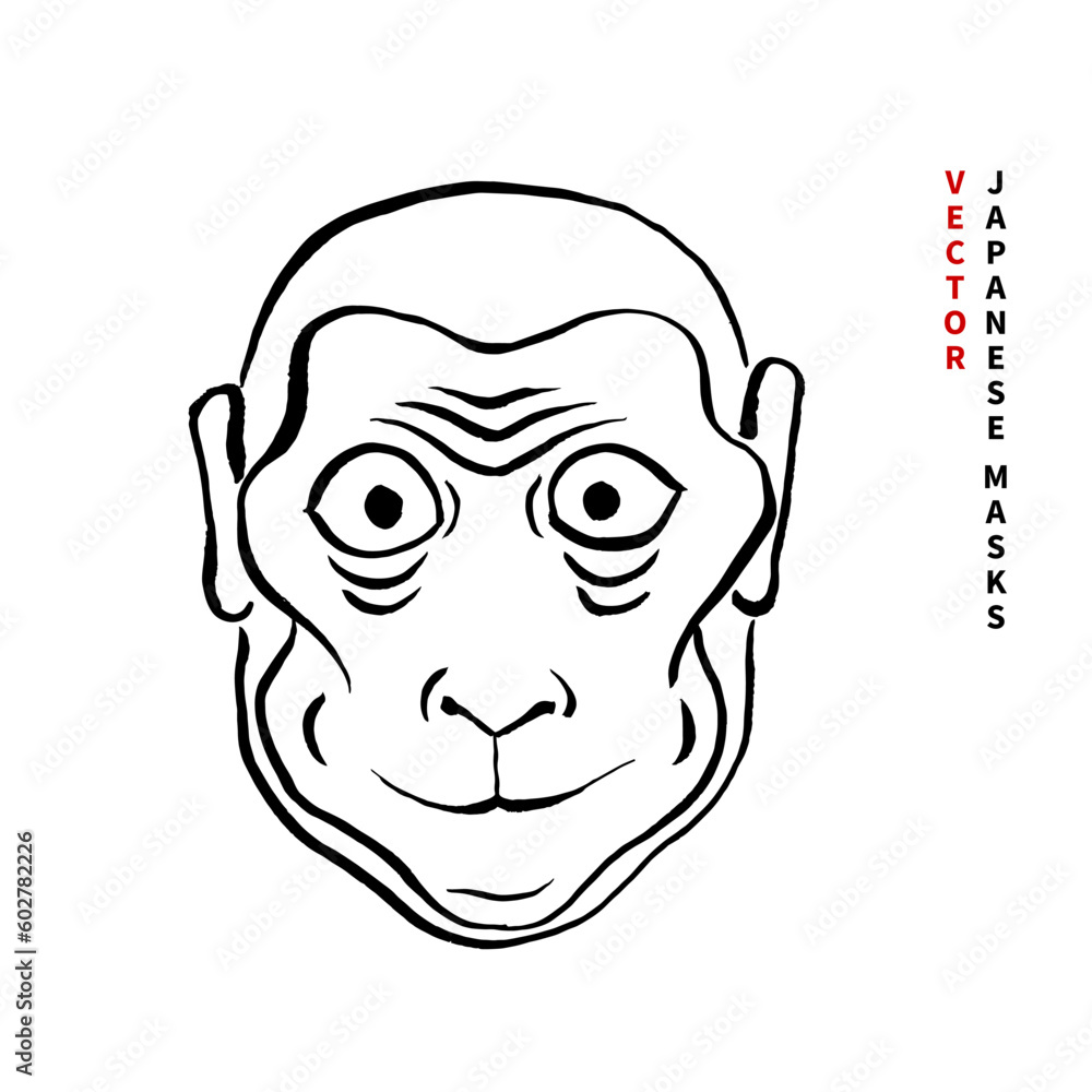 Vector image of an ancient Japanese mask. Theater Noh. Monkey. Hand drawing, ink, brush, doodle, sketch, black on white, graphics, calligraphy, minimalism, oriental culture. Eps10 Vector image of an ancient Japanese mask. Theater Noh. Monkey. Hand drawing, ink, brush, doodle, sketch, black on white, graphics, calligraphy, minimalism, oriental culture. Eps10