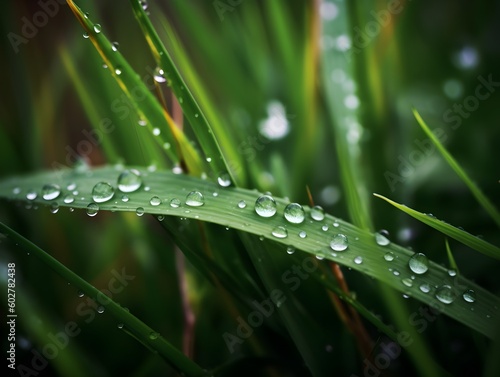 Macro Shot of Dew Drops on Fresh Green Grass for a Serene Vibe, AI Generated Image