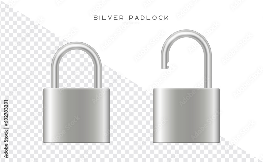 Metallic padlocks set. Steel silver closed and open padlock. Realistic vector locks illustration Metallic padlocks set. Steel silver closed and open padlock. Realistic vector locks illustration