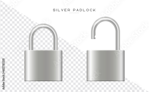 Metallic padlocks set. Steel silver closed and open padlock. Realistic vector locks illustration