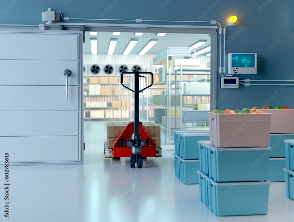 Refrigeration warehouse. Supermarket store interior. Gateway industrial