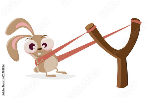 funny cartoon rabbit in a slingshot