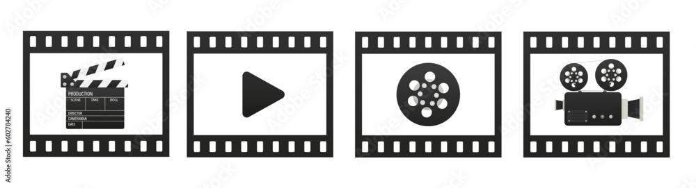 Film strip with a camera. Set of vector film strip. Play button. Vector illustration