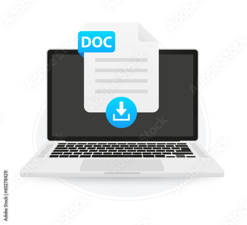 Download the laptop screen label icon DOC. Document upload concept. View, read, download DOC file on laptops and mobile devices. Banner for business, marketing and advertising. Vector illustration