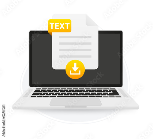 Download the laptop screen label icon TEXT. Document upload concept. View, read, download TEXT file on laptops and mobile devices. Banner for business, marketing and advertising. Vector illustration