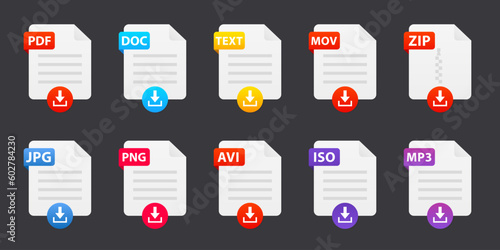 File type icons. Format and extension of documents. Set of pdf, doc, excel, png, jpg, psd, gif, csv, xls, ppt, html, txt and others. Icons for download on computer. Vector illustration