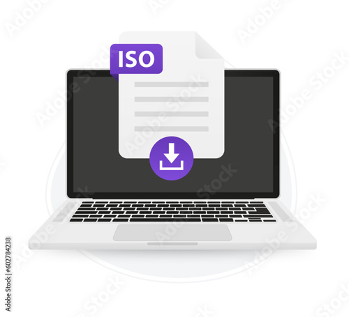 Download the laptop screen label icon ISO. Document upload concept. View, read, download ISO file on laptops and mobile devices. Banner for business, marketing and advertising. Vector illustration