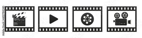Film strip with a camera. Set of vector film strip. Play button. Vector illustration