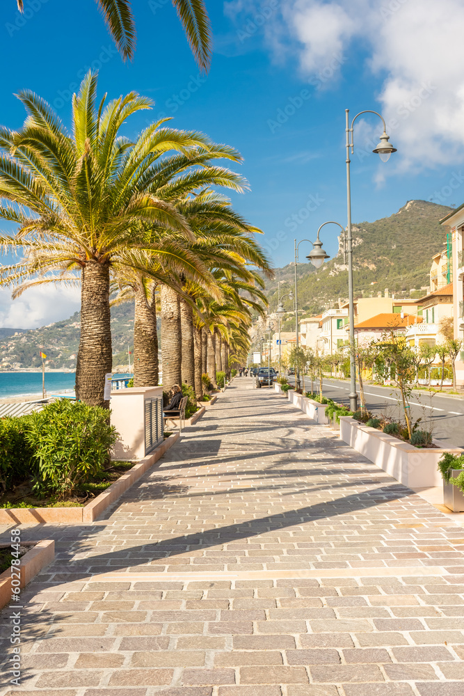 Palms on the promenade of Varigotti in Liguria, Italy
