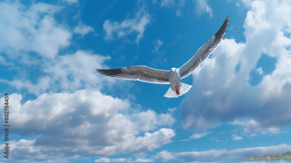 seagull fly against the blue sky with clouds. Sea bird gracefully fly in the air. Generative AI seagull fly against the blue sky with clouds. Sea bird gracefully fly in the air. Generative AI