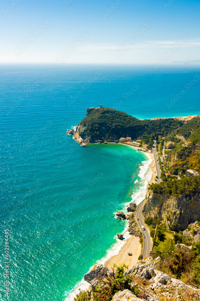 Beautiful aerial view of Saraceni Bay beach from Sentiero del Pellegrino, Liguria,  Italy