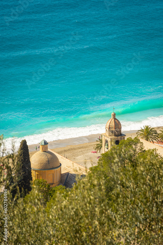 Quadro su tela Church of Varigotti by the Ligurian Sea from above,  Italy