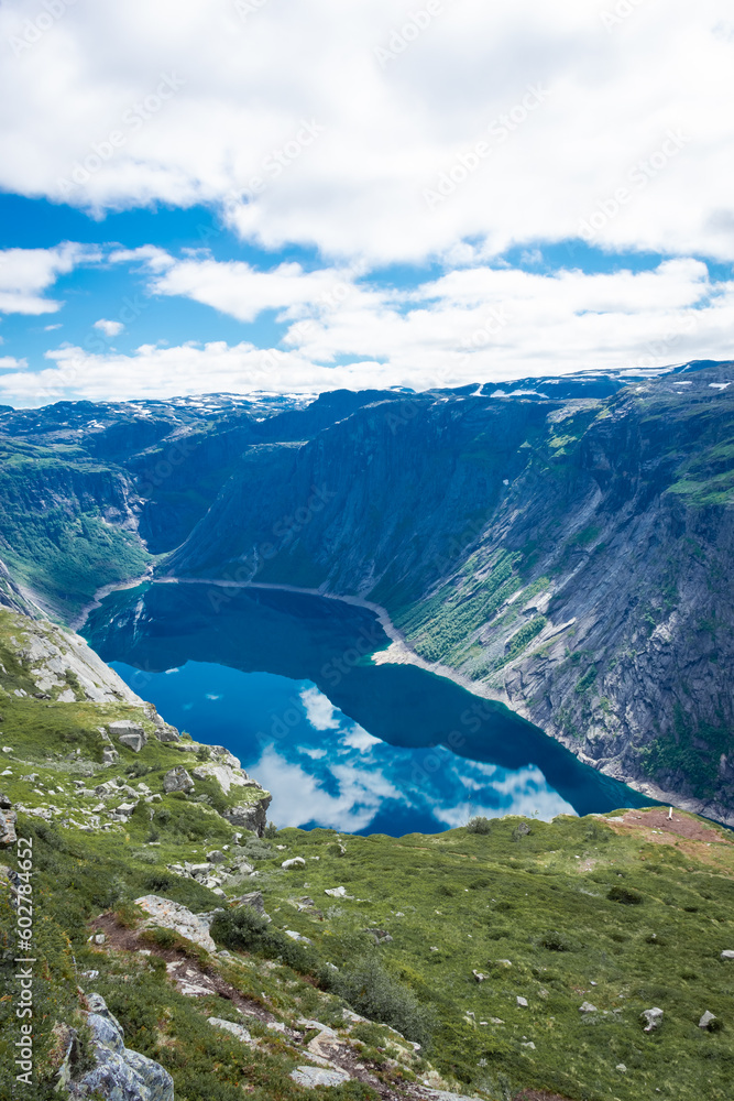 Amazing landscape of the Ringedalsvatnet Lake, Trolltunga hike,  Norway