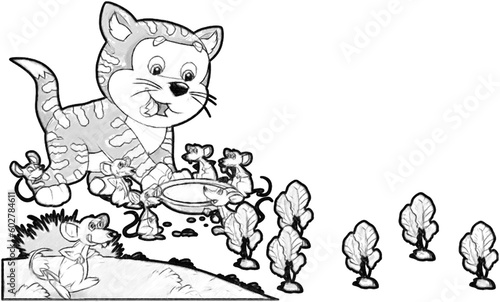 sketch cartoon scene with happy cat doing something playing isolated illustration for kids