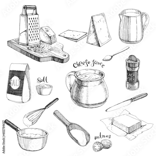 Vector set of hand-drawn illustrations for the design of a cheese sauce recipe in the style of an engraving. A collection of sketches of ingredients for a cooking book.