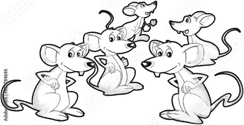 sketch cartoon scene with happy farm rat mouse having fun isolated illustration for children